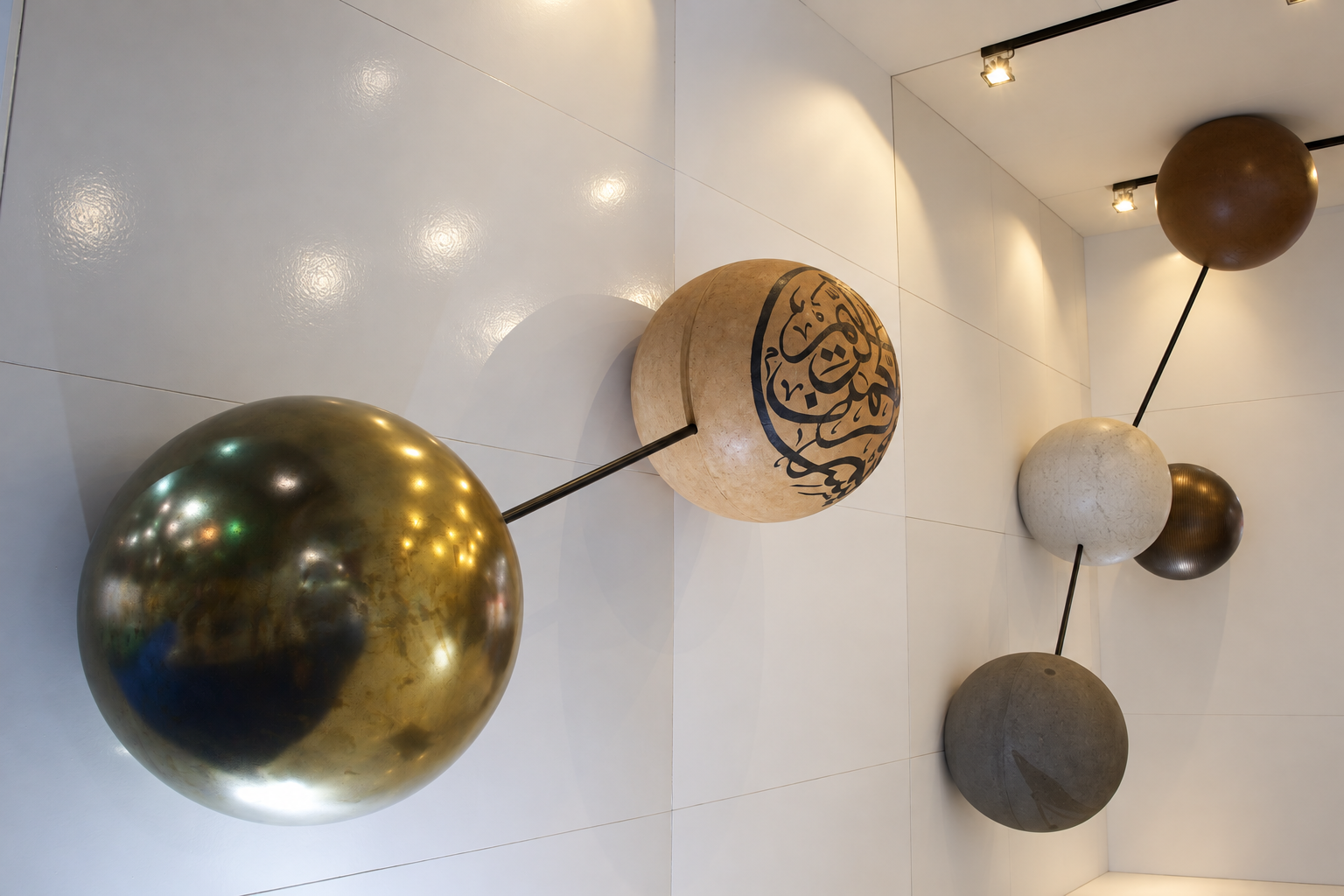 Sculptural spheres in varied mineral and metallic finishes installed across an interior wall