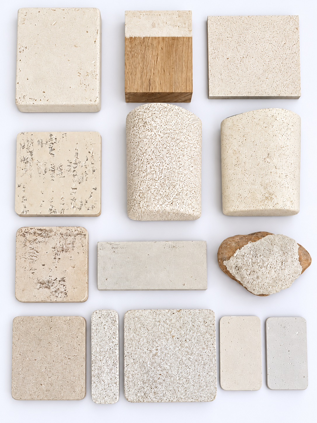 MineralSkin surface samples in pale mineral finishes and varied textures