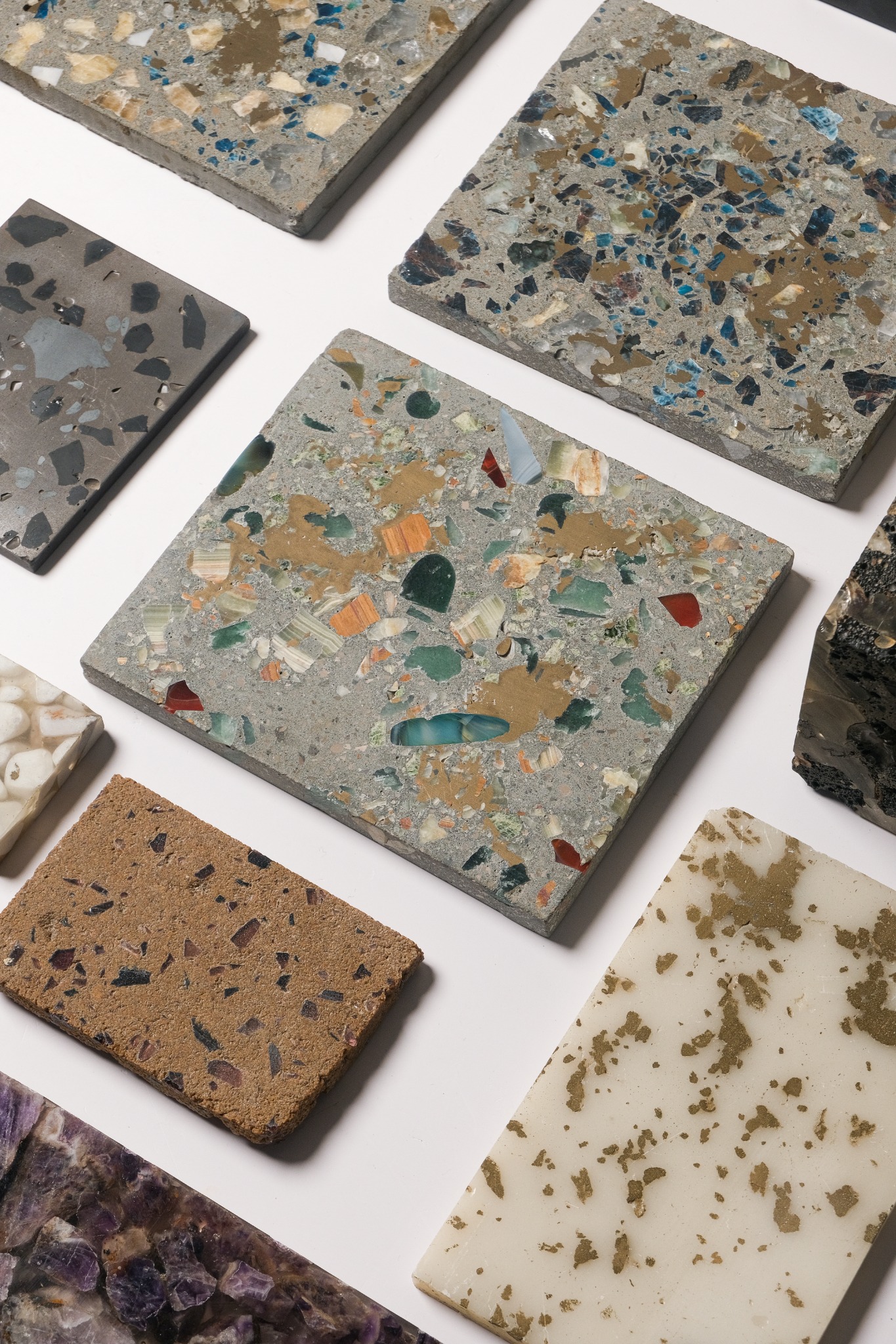 TerraFuse composite surface samples with colorful aggregate fragments